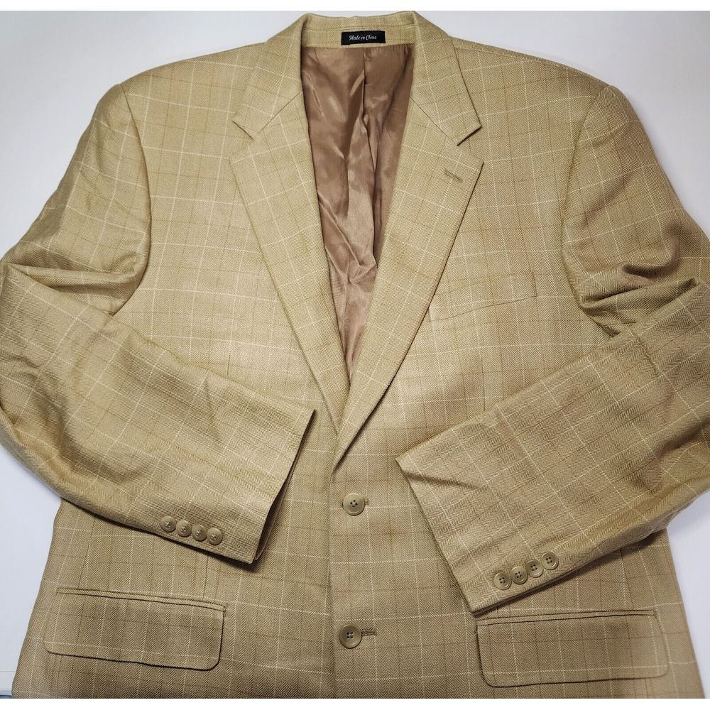 Lauren Ralph Lauren Mens Size 44L‎ 100% Silk Beige/Tan Checkered Blazer
